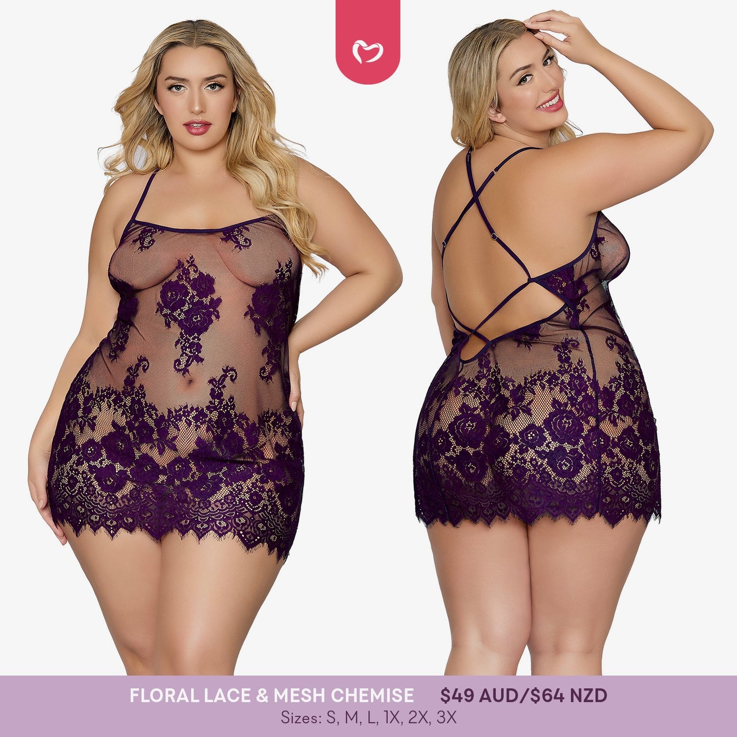 Floral Lace & Mesh Chemise – Plum (S/1X)